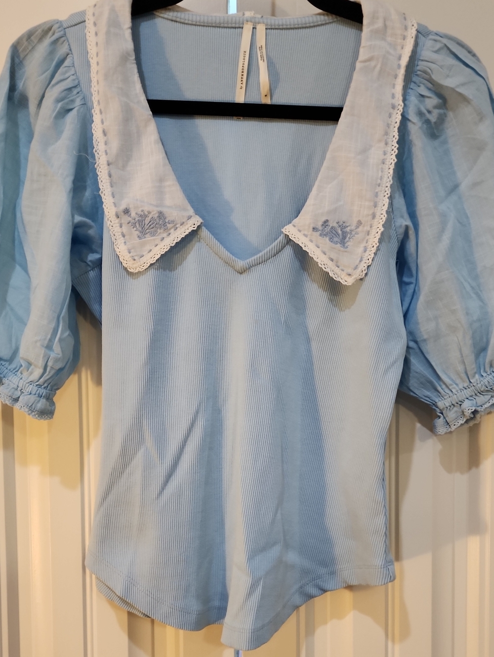 Anthropologie Sky Blue V-Neck Puff Sleeve Top with Embroidered White Collar